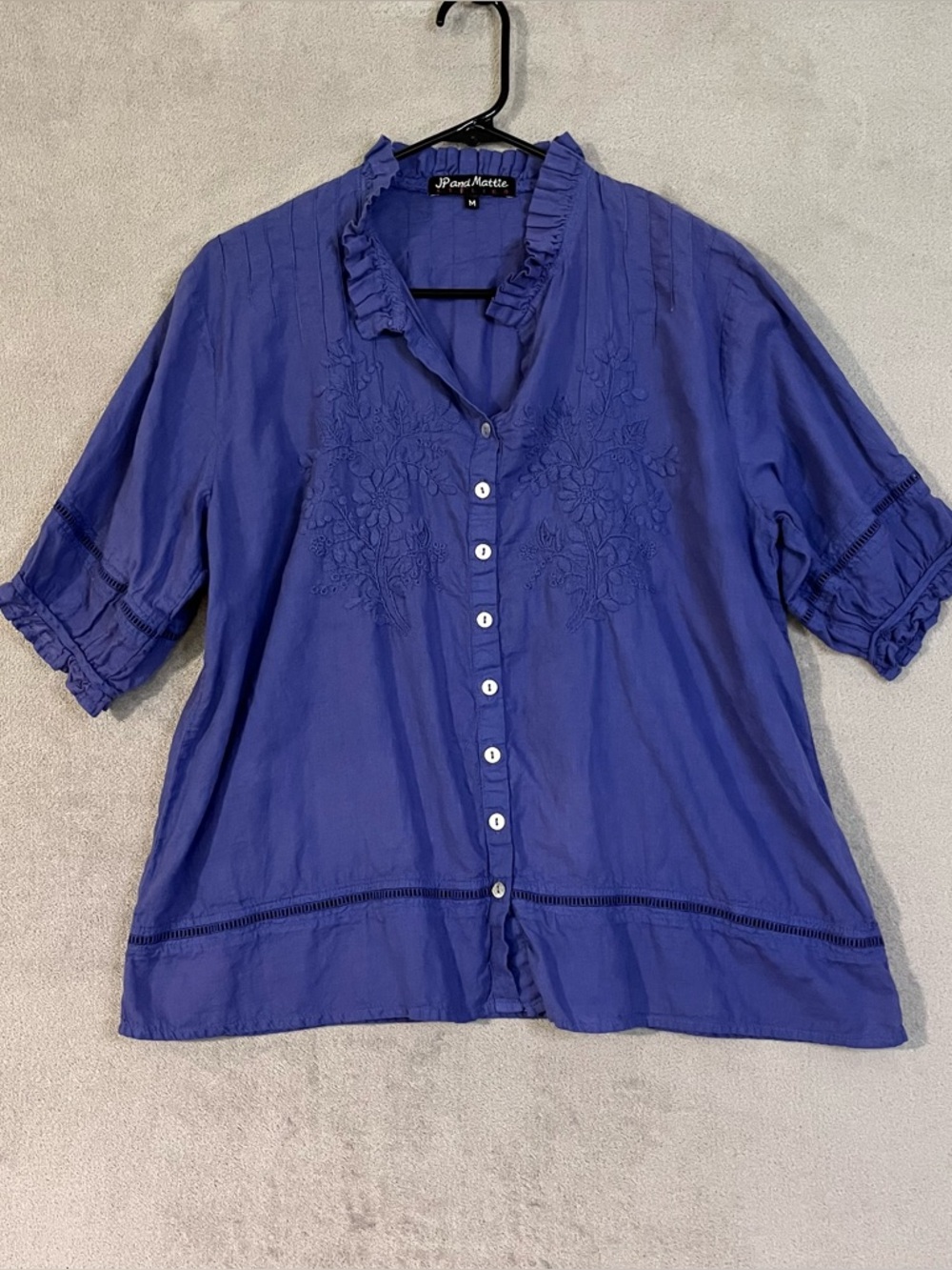 JP and Mattie Hand Embroidered Button-Up Top Violet Purple Womens M